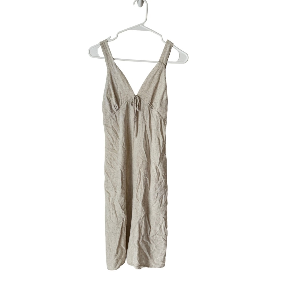 Monteau Los Angeles Beige Linen Blend V-Neck Smocked Back Midi Sun Dress Small